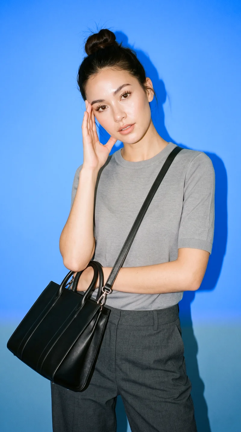 An 18-year-old Caucasian woman is shown from the upper body in front view with a neutral expression, one hand raised to her temple, and a black leather tote. An azure blue studio-wall backdrop fills the background.