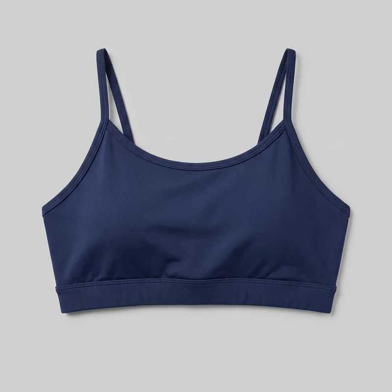 A navy cropped sports bra is shown alone in a standalone front view. It has a close, body-skimming fit, a scoop neckline, sleeveless cut, narrow shoulder straps, bound neckline and armhole edges, and a wide underbust band separated by a horizontal seam. The complete upper outline and straight cropped hem are visible.