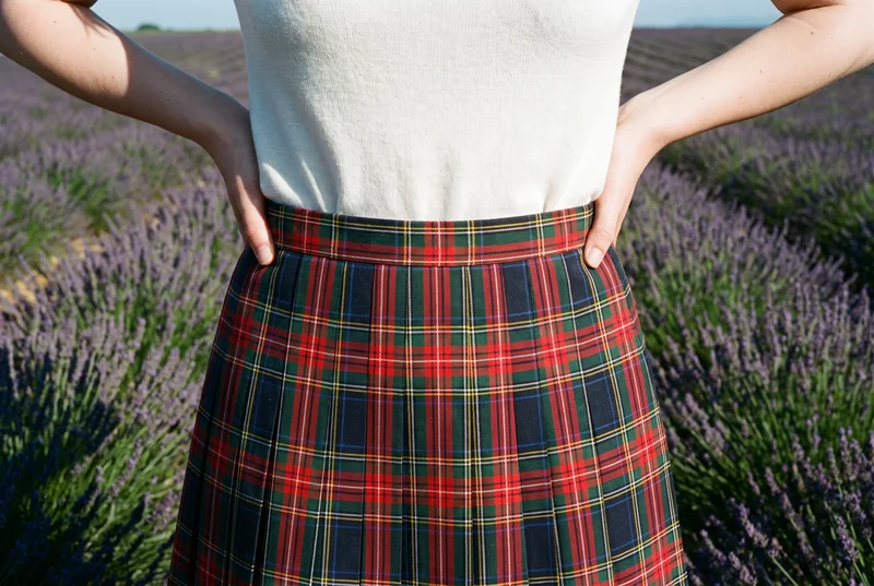 The plaid pleated skirt is shown from the front, framed at the waistline, with the model’s hands resting on her waist. A lavender field serves as the backdrop.