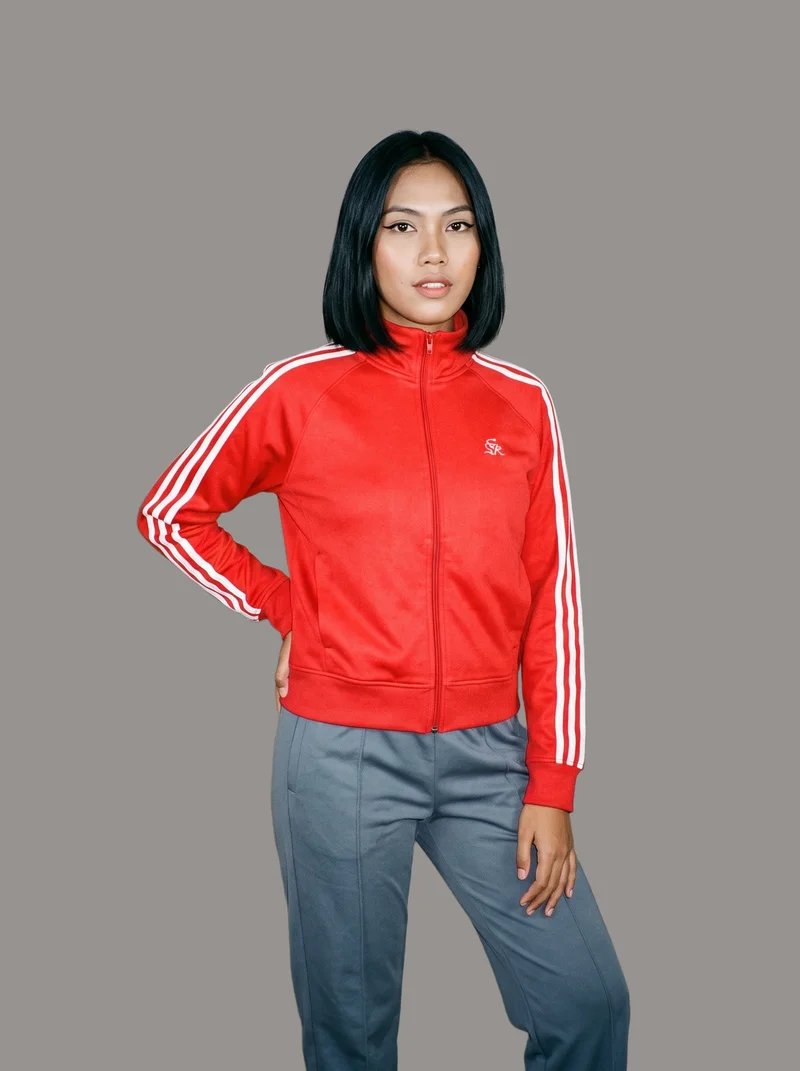 Women's Red Striped Track Jacket, Three-quarter length at Front, Studio Cutout lighting