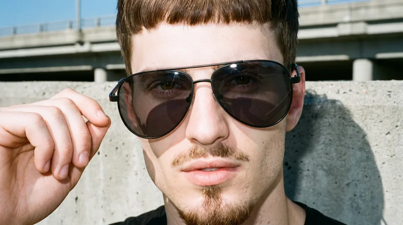 A male model is shown from the eyes upward in a front view, wearing black aviator sunglasses with one knuckle placed at his temple. His natural expression remains visible around the sunglasses. A highway overpass serves as the backdrop.