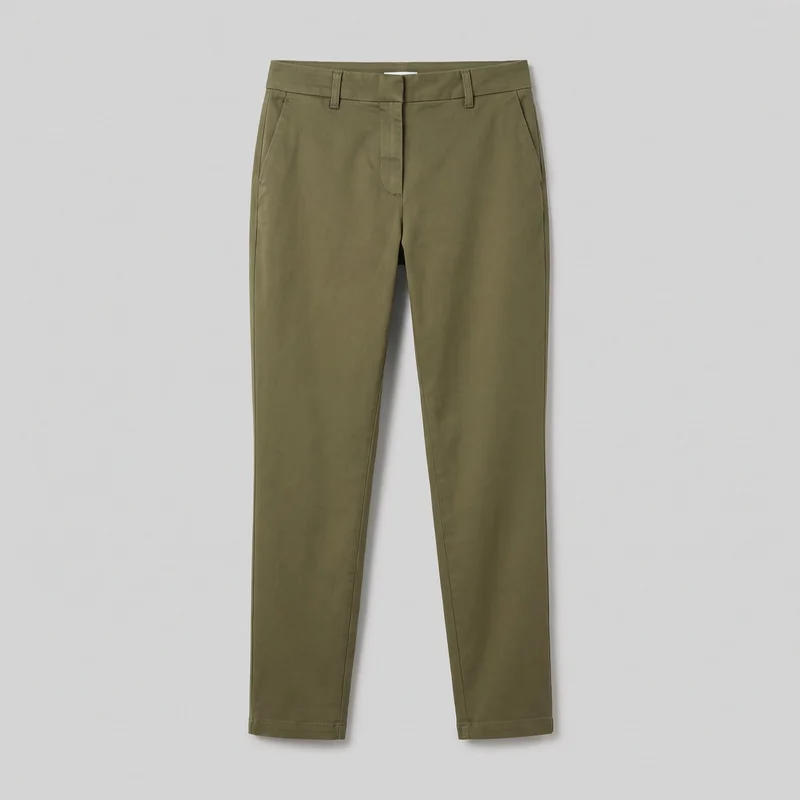 Women's olive tapered chinos shown in a complete front flat-lay view. The trousers have a structured waistband with belt loops, an overlapping fly placket, two angled slash pockets at the hips, visible side and inner-leg seams, clean flat panels through the thighs and legs, and straight stitched hems.