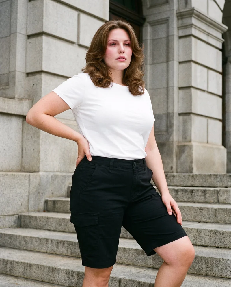 Women's Black Cargo Shorts, Three-quarter length at Angled front, Natural E-Commerce lighting