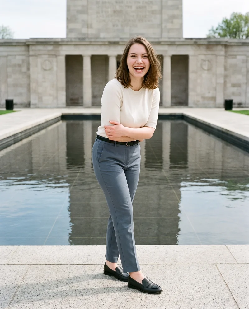 A 21-year-old Caucasian woman is shown full body from a front three-quarter angle, wearing a women's reversible leather belt. Her arms are held low and she is laughing. A Memorial Plaza backdrop is visible behind her.