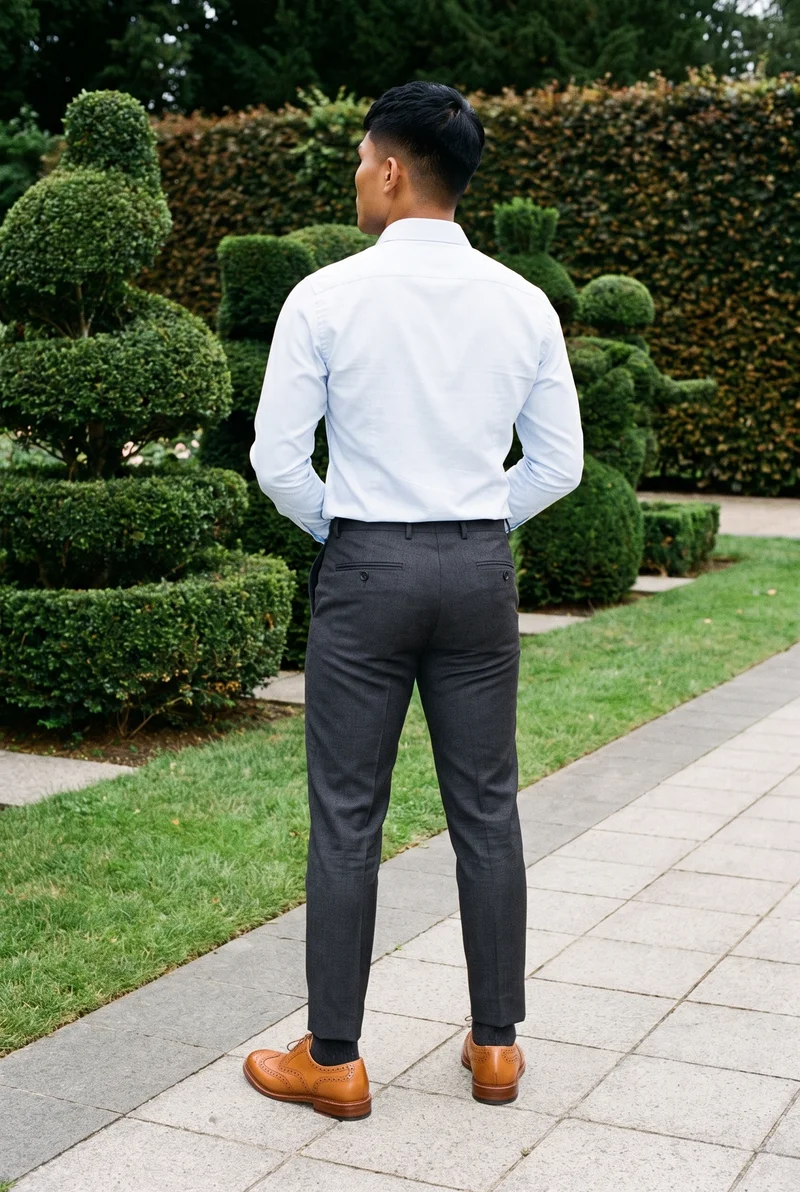 A 21-year-old Southeast Asian man is shown full body from the back, wearing tan brogues with his hands behind his back. A topiary garden forms the backdrop.