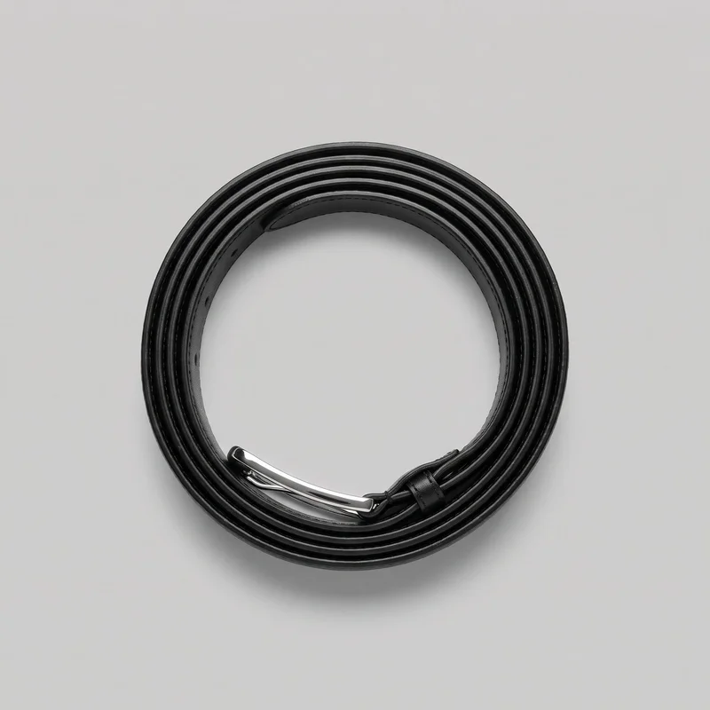 A black formal belt is shown coiled into a circular roll in a top-down standalone view. The smooth strap has finished edges, visible adjustment holes along the inner length, a polished single-prong buckle near the lower edge, and a sliding keeper loop beside it.