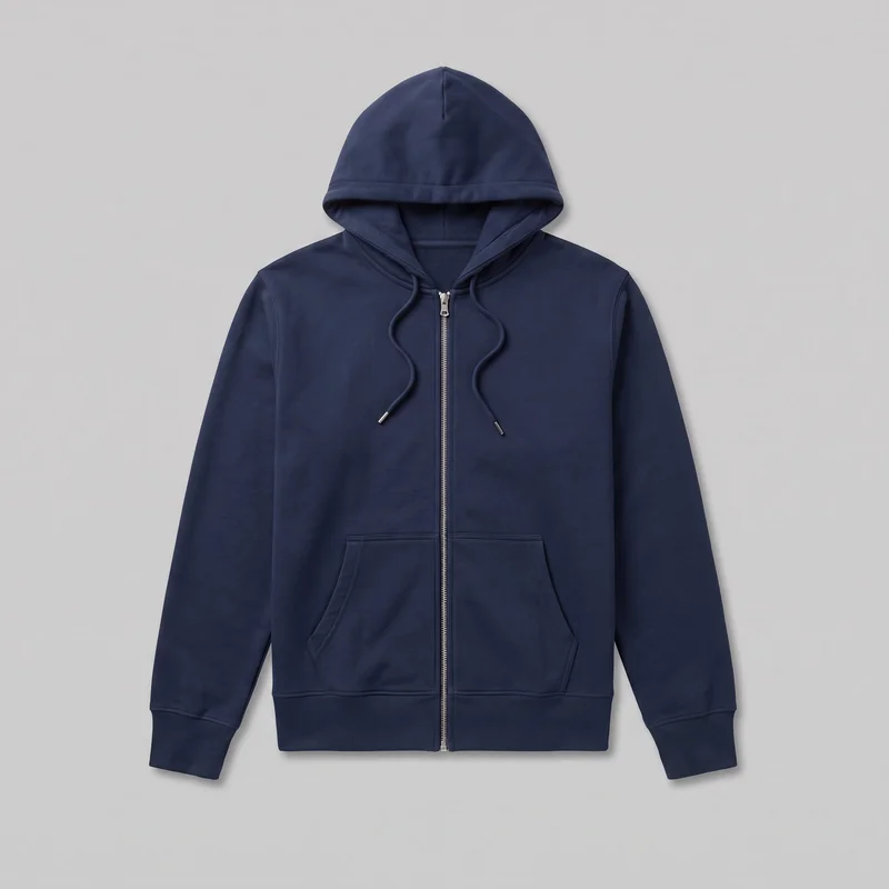 A men's navy zip-up hoodie is shown laid flat in a mostly complete front view. It has a straight full-length body, a drawstring hood with cord tips and a center seam, long set-in sleeves, a full center zipper, and a split kangaroo pocket with angled openings. Ribbed cuffs and a ribbed bottom hem are visible, with clean panel stitching and no visible logos, prints, patches, embroidery, or embellishments.