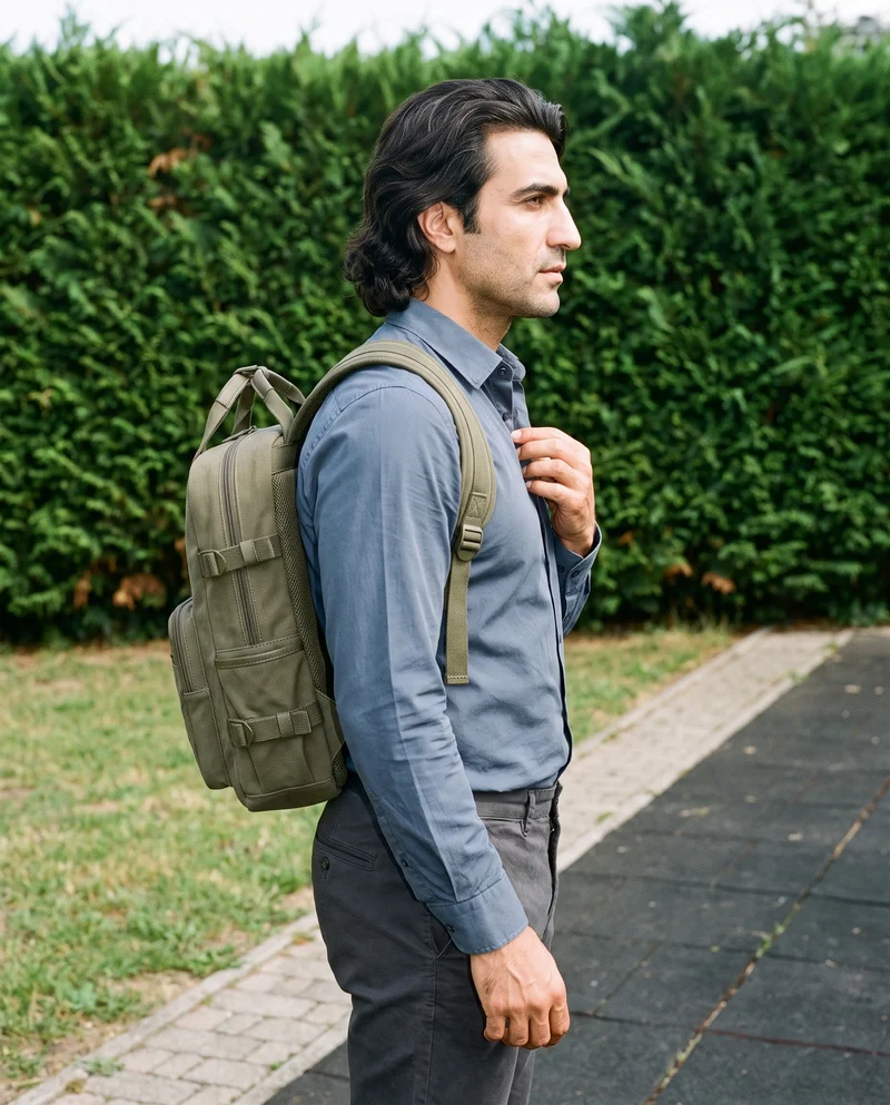 A 46-year-old Turkish man is shown in an upper-body side view wearing a men's olive utility backpack. His fingers are positioned at his chest, and the playground appears as the backdrop.