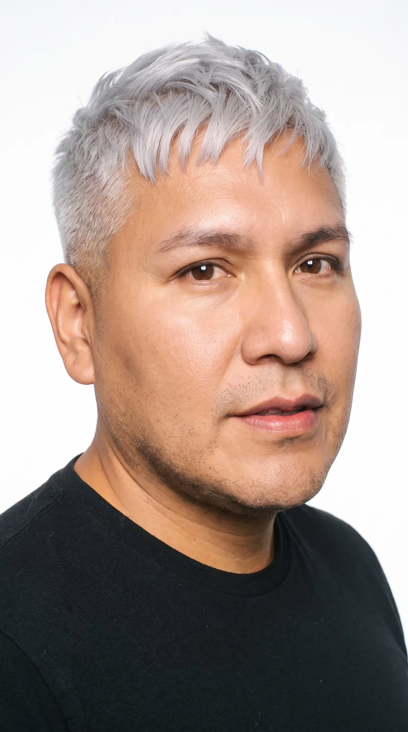 A 58-year-old Indigenous American man with brown skin and a neutral undertone showing a warm golden sheen. His face has balanced oval proportions and a softly rounded jaw, with medium-thickness eyebrows, brown eyes, and medium-sized lips. He has short silver-grey hair styled in a textured crop with layered texture on top and closely cut sides. He is clean-shaven, with smooth skin across his face.
