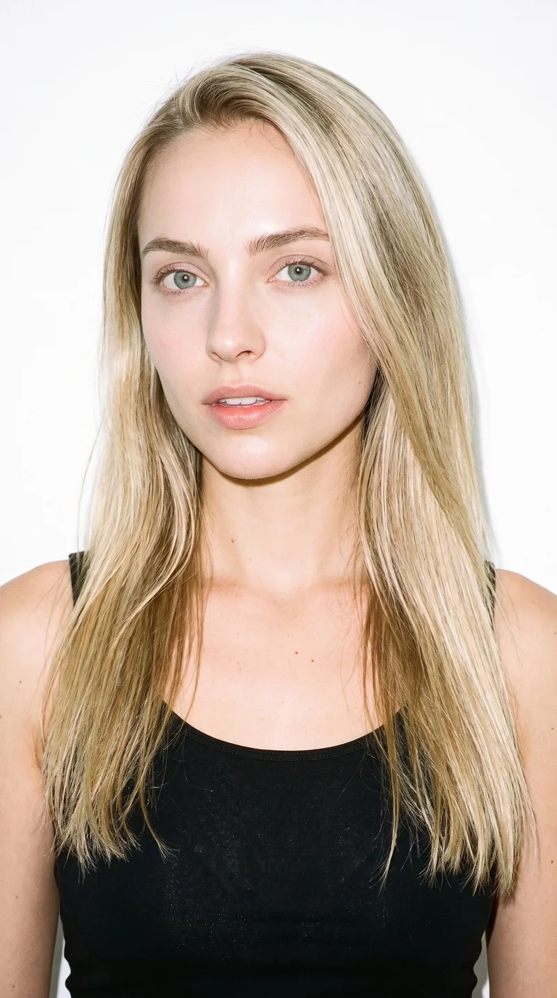 This 26-year-old Caucasian woman has porcelain skin with a peach undertone and a doll-like face defined by large, even features and soft, rounded proportions. She has medium-thickness eyebrows, blue eyes with a cool undertone, and full lips. Her mid-tone blonde hair is long, worn loose past the shoulders, and has natural volume.