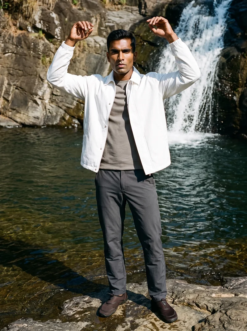 Men's White Windbreaker, Full body at Front, Flash Editorial lighting