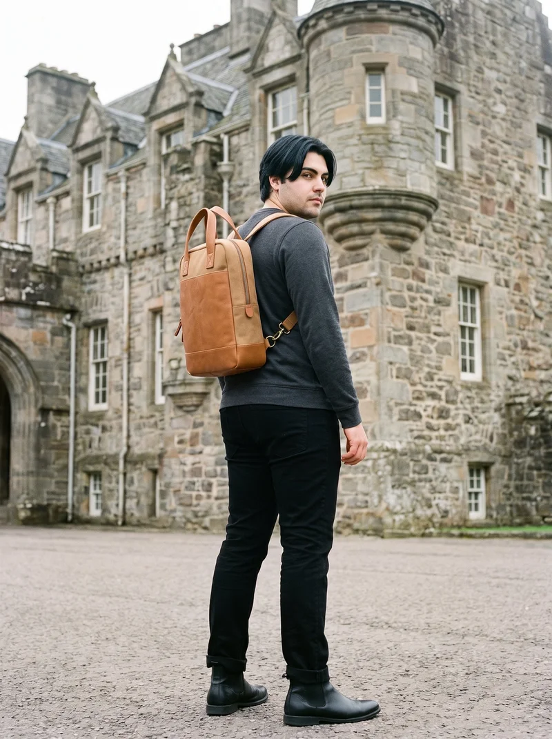 Men's Tan Mini Backpack, Full body at Angled rear, Clean Catalog lighting