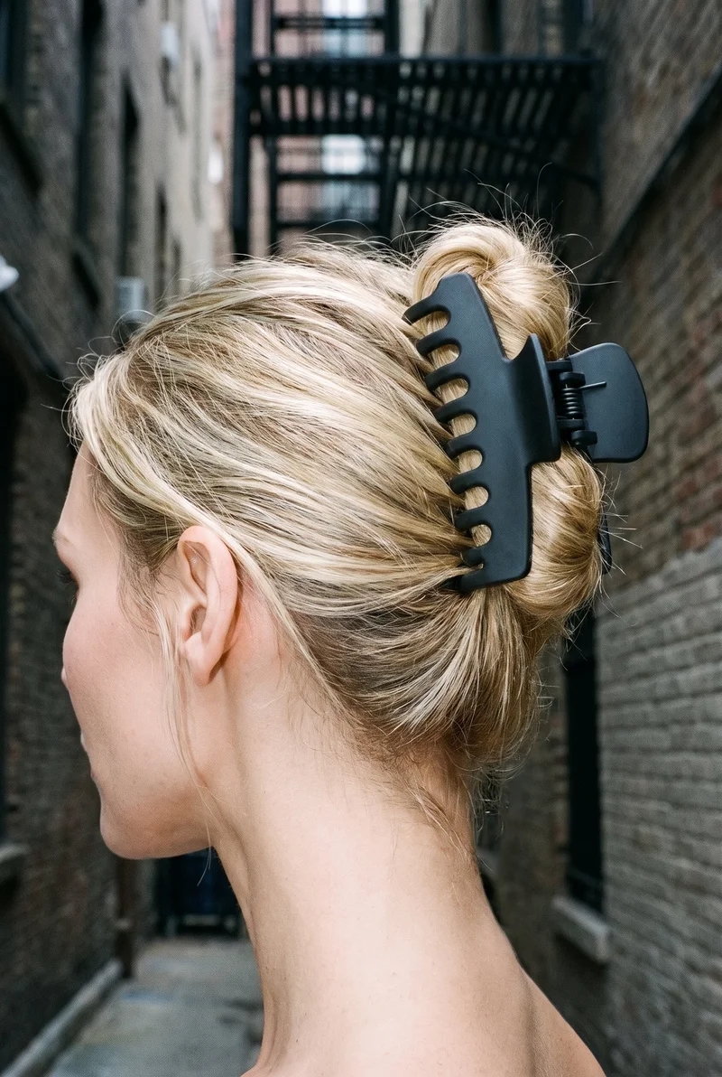 A 32-year-old Caucasian woman is shown from an angled rear view with her head level, wearing a black claw clip in her hair. A city alleyway serves as the backdrop.