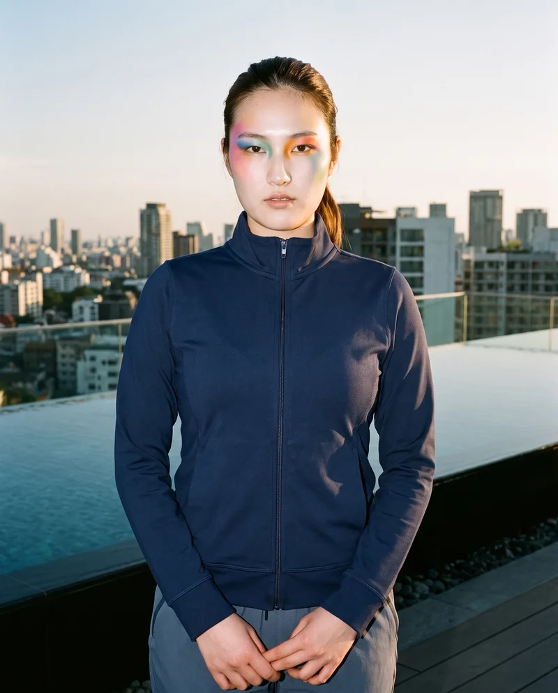 Women's Navy Tracksuit Top, Upper body at Front, Flash Editorial lighting