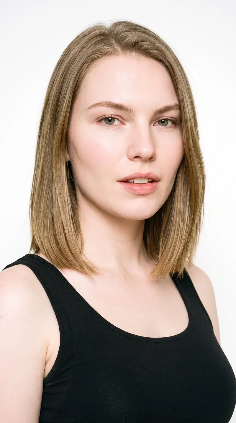 This 23-year-old Caucasian woman has porcelain skin with a peach undertone and a heart-shaped face, with a wider forehead narrowing to a more pointed chin. She has medium-thickness eyebrows, brown eyes, and thin lips. Her dark-blonde hair is styled in a long bob falling between the chin and shoulders.