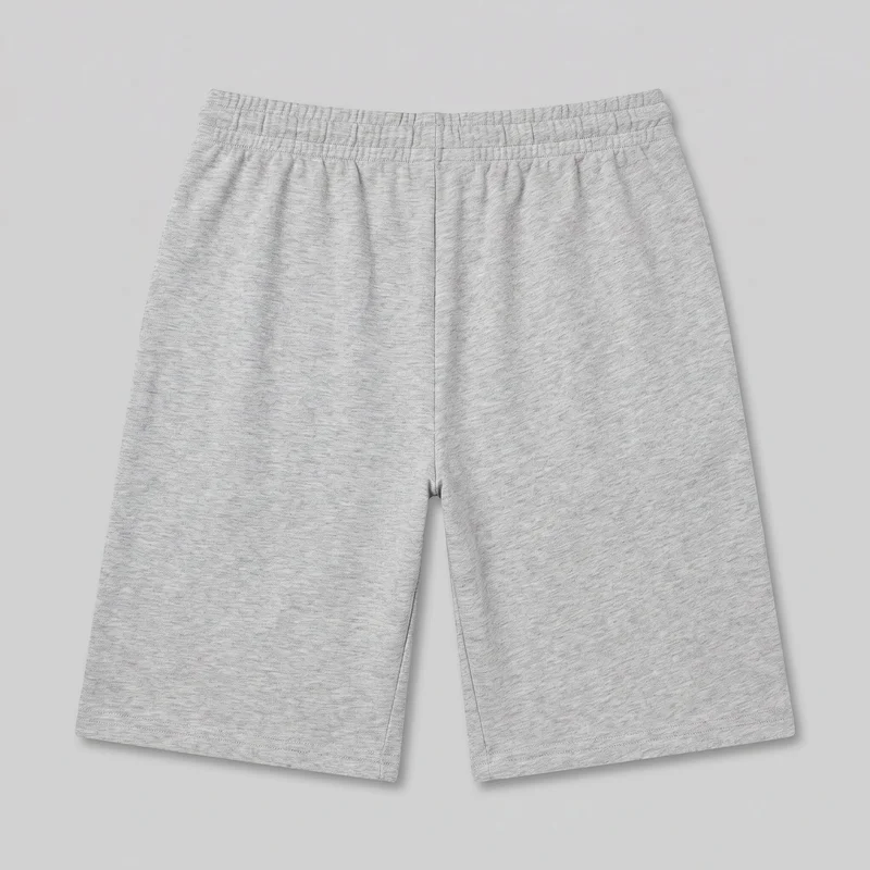 Women's grey jersey pull-on shorts shown in a mostly complete flat product view. The shorts have a relaxed, straight-leg silhouette, a long-line cut, a fully elasticated waistband with horizontal stitch rows and vertical channel segments, a central front rise seam, simple side seams, and wide double-stitched hems. No closures, pockets, logos, prints, patches, embroidery, or embellishments are visible.