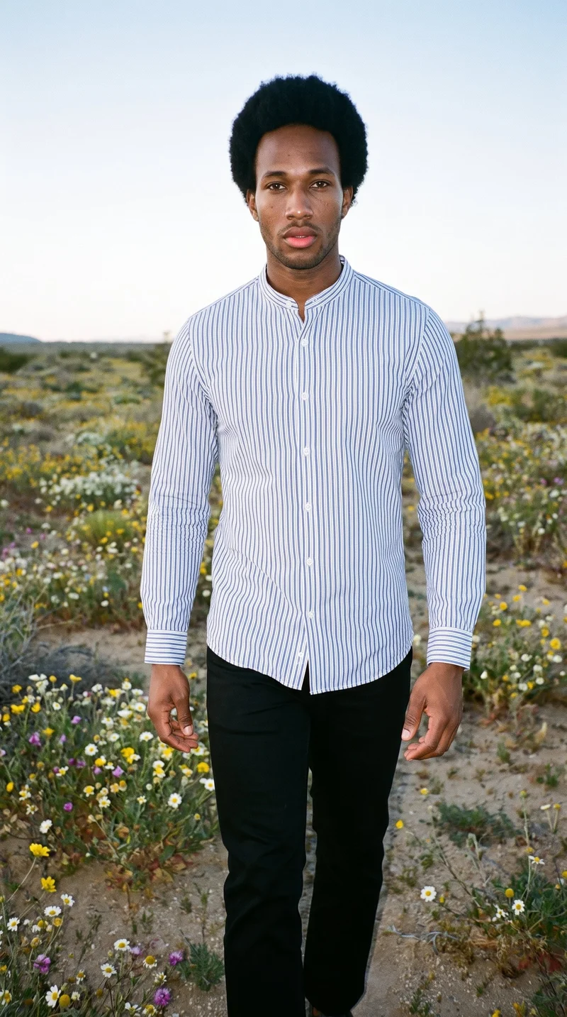 A 19-year-old African man is shown from the front in a three-quarter-length view, walking with a neutral expression while wearing a striped grandad shirt. A desert wildflower bloom forms the backdrop.