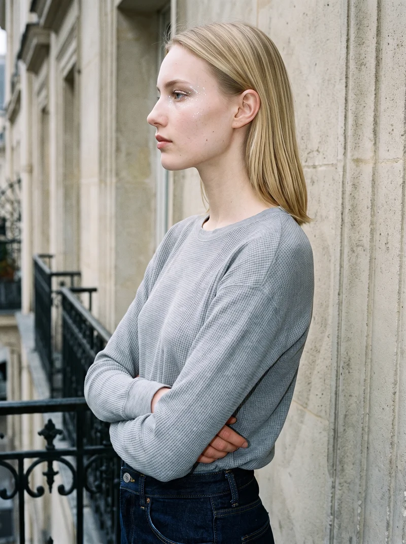 A 19-year-old Caucasian woman wears a grey waffle-knit long-sleeve tee in an upper-body side view. Her forearms are folded, and she has a serious facial expression against a Paris balcony backdrop.