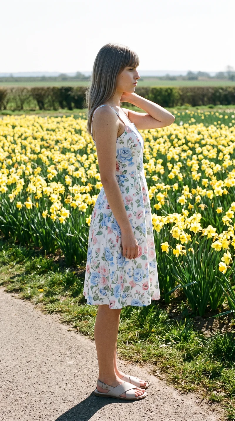 Floral Print Sundress, Full body at Side, Flash Editorial lighting