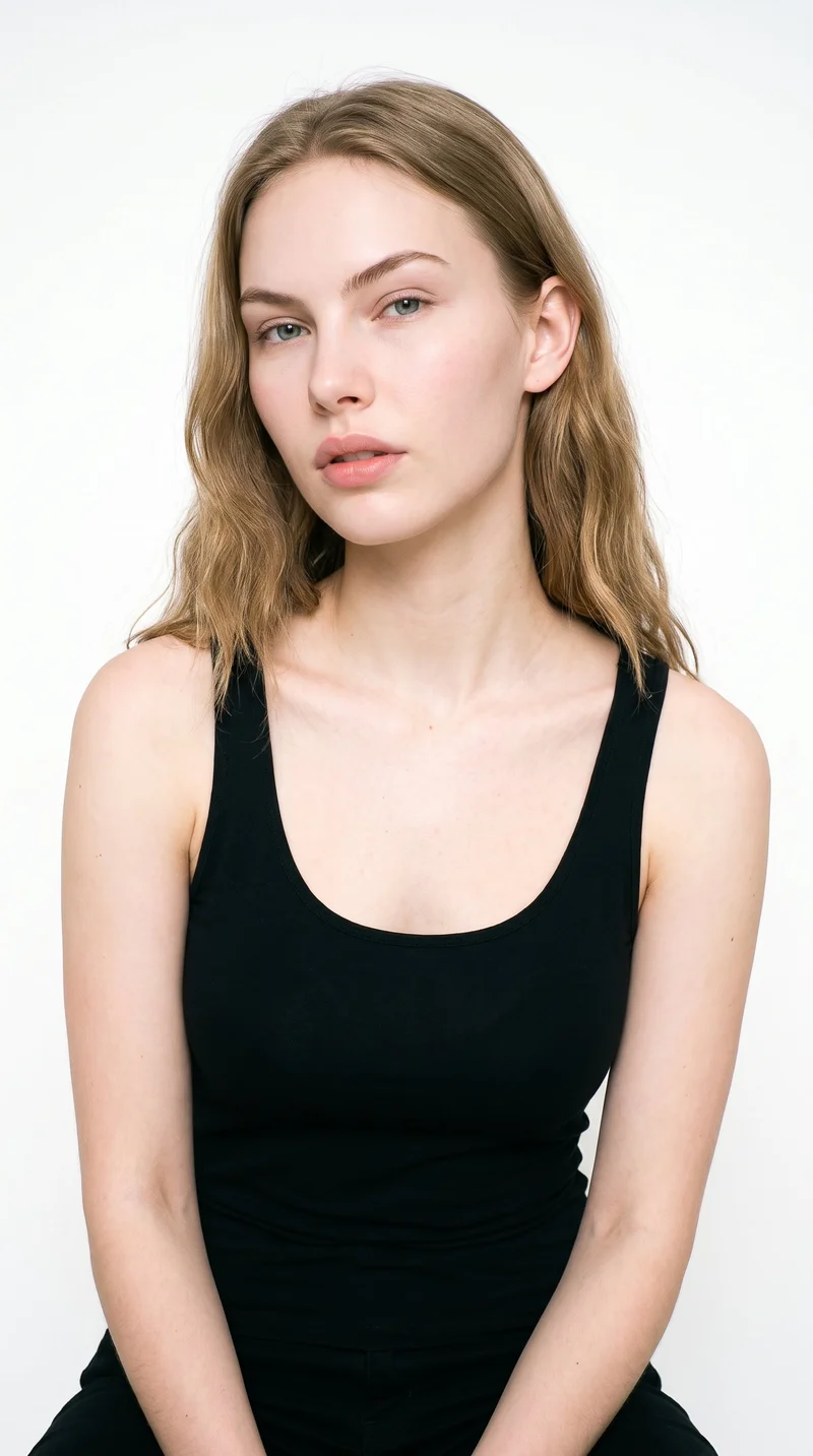 An 18-year-old Caucasian woman with fair skin and a cool undertone has a heart-shaped face, with a wider forehead narrowing to a more pointed chin. Her eyebrows are thin, her eyes are blue with a cool undertone, and her lips are medium. Her dark-blonde hair is styled in soft, natural waves.