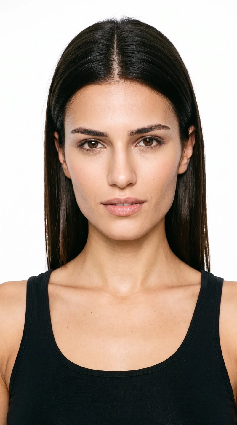 This 21-year-old Turkish woman has a light-tan complexion with a neutral undertone. Her square face has a strong, defined jaw and a broad forehead, creating an angular, structured appearance. She has medium-thickness eyebrows, brown eyes, and medium-sized lips. Her dark-brown hair is straight, smooth, and parted evenly at the centre.
