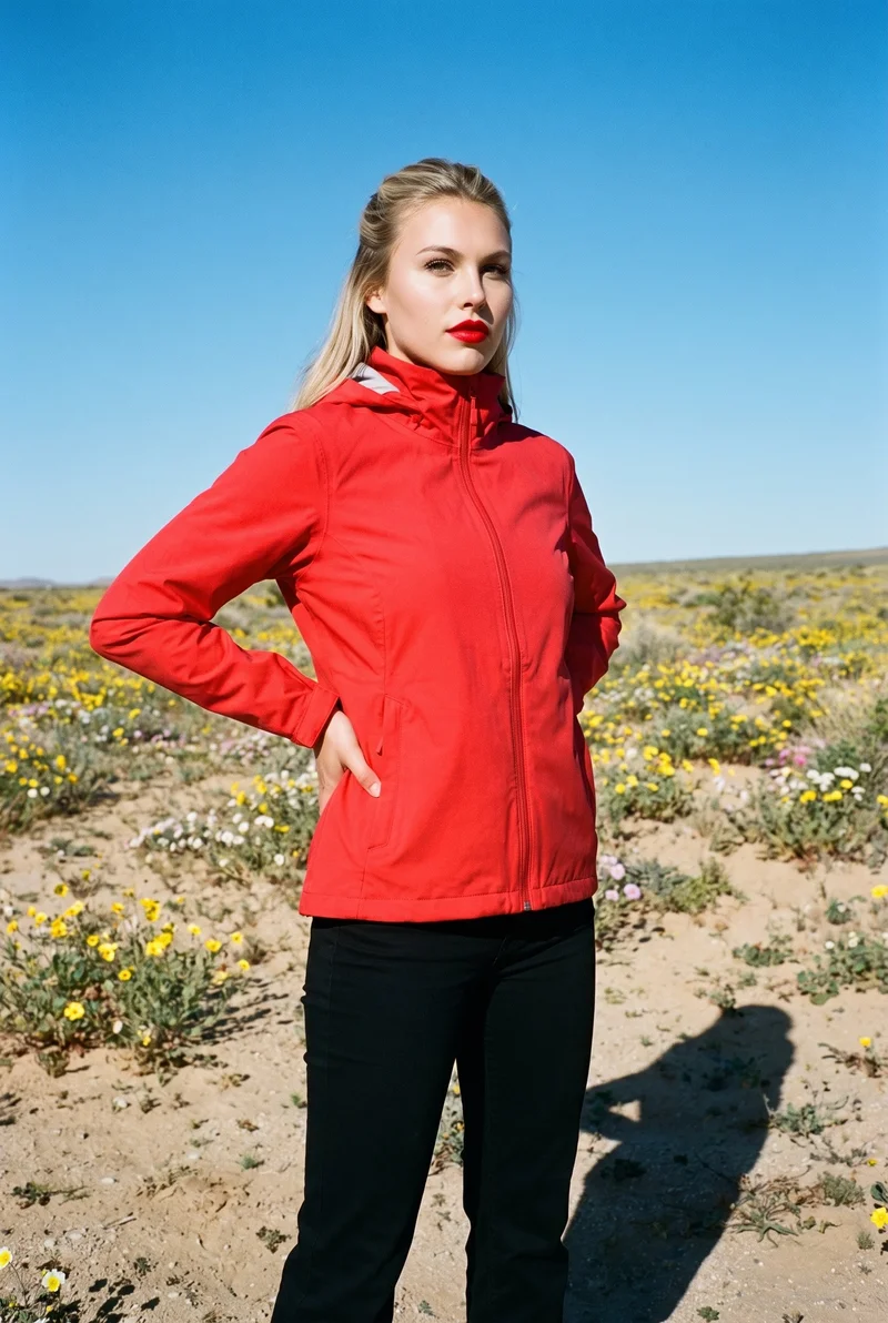 Women's Red Hardshell Jacket, Three-quarter length at Angled front, Flash Editorial lighting
