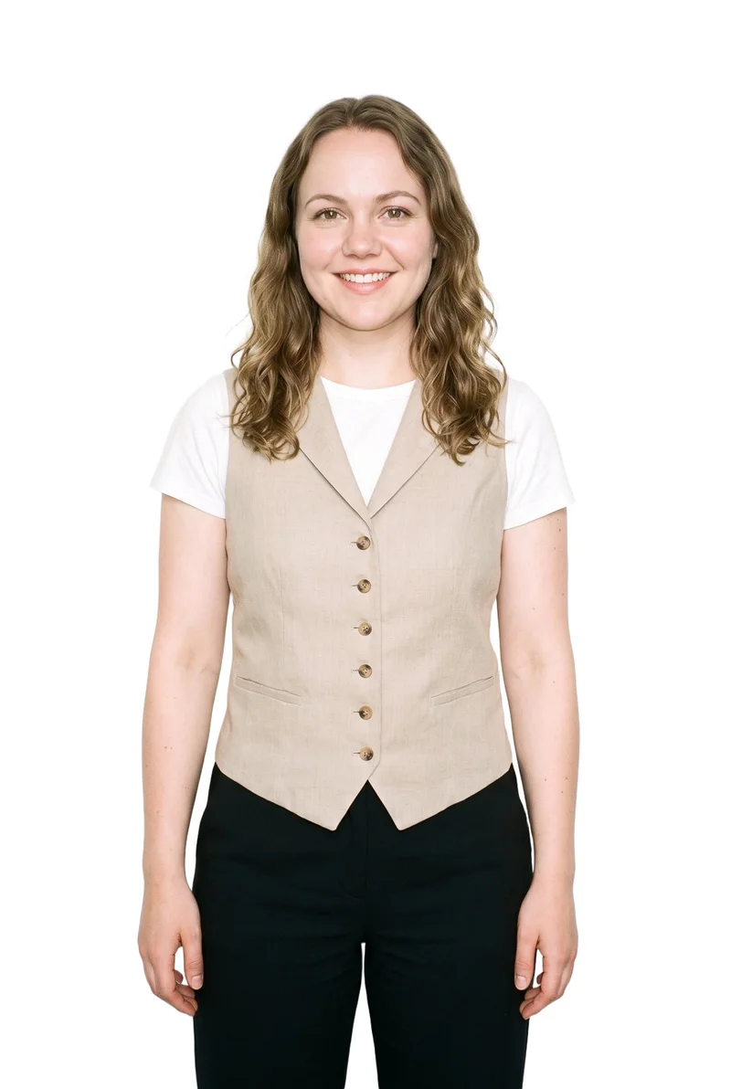 Women's Beige Linen Waistcoat, Three-quarter length at Front, Studio Cutout lighting