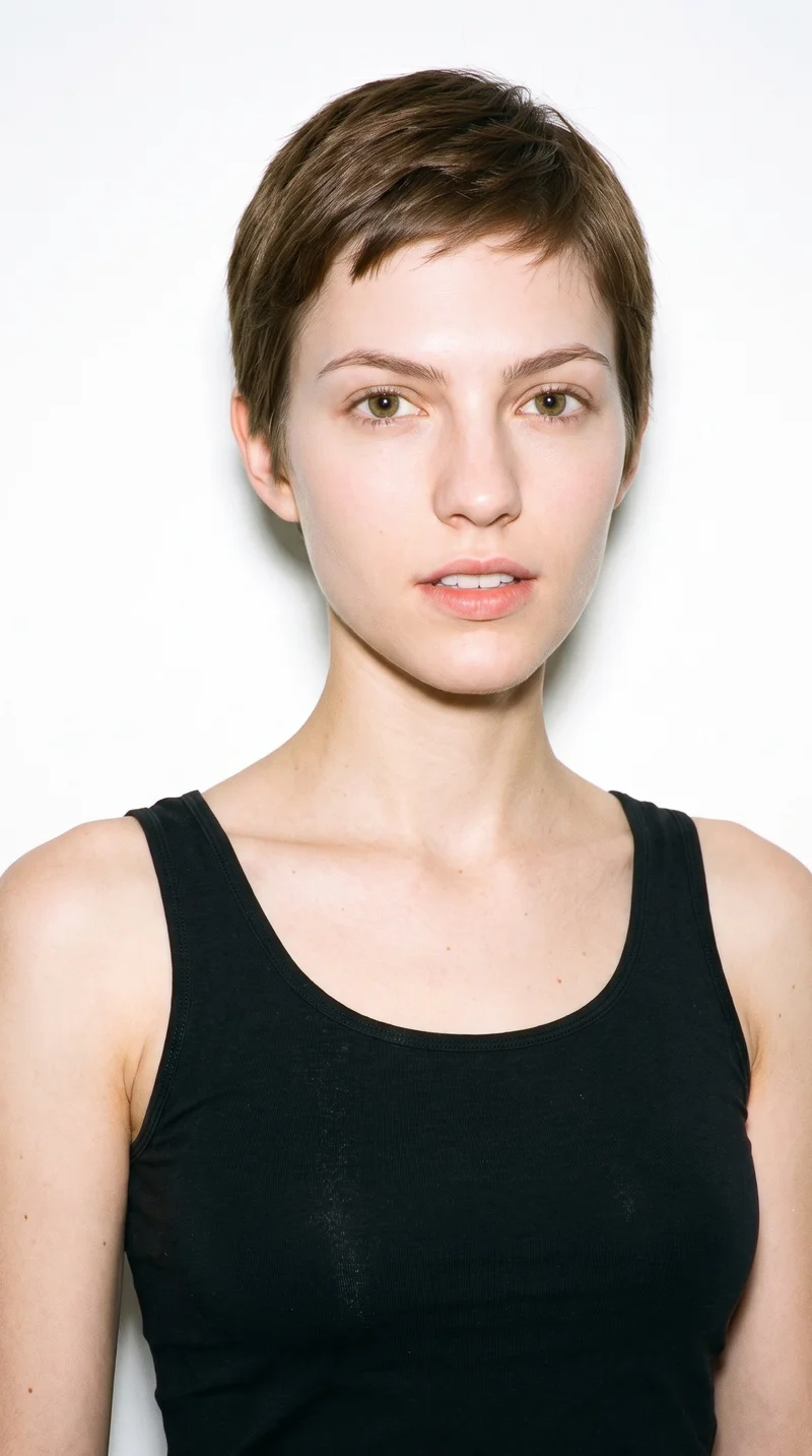 A 22-year-old Caucasian woman with fair skin and a peach undertone. Her heart-shaped face has a wider forehead that narrows to a more pointed chin. She has thick eyebrows, hazel eyes with green-gold flecks, and medium lips. Her medium-brown hair is styled in a very short pixie cut, close at the sides with more length on top.