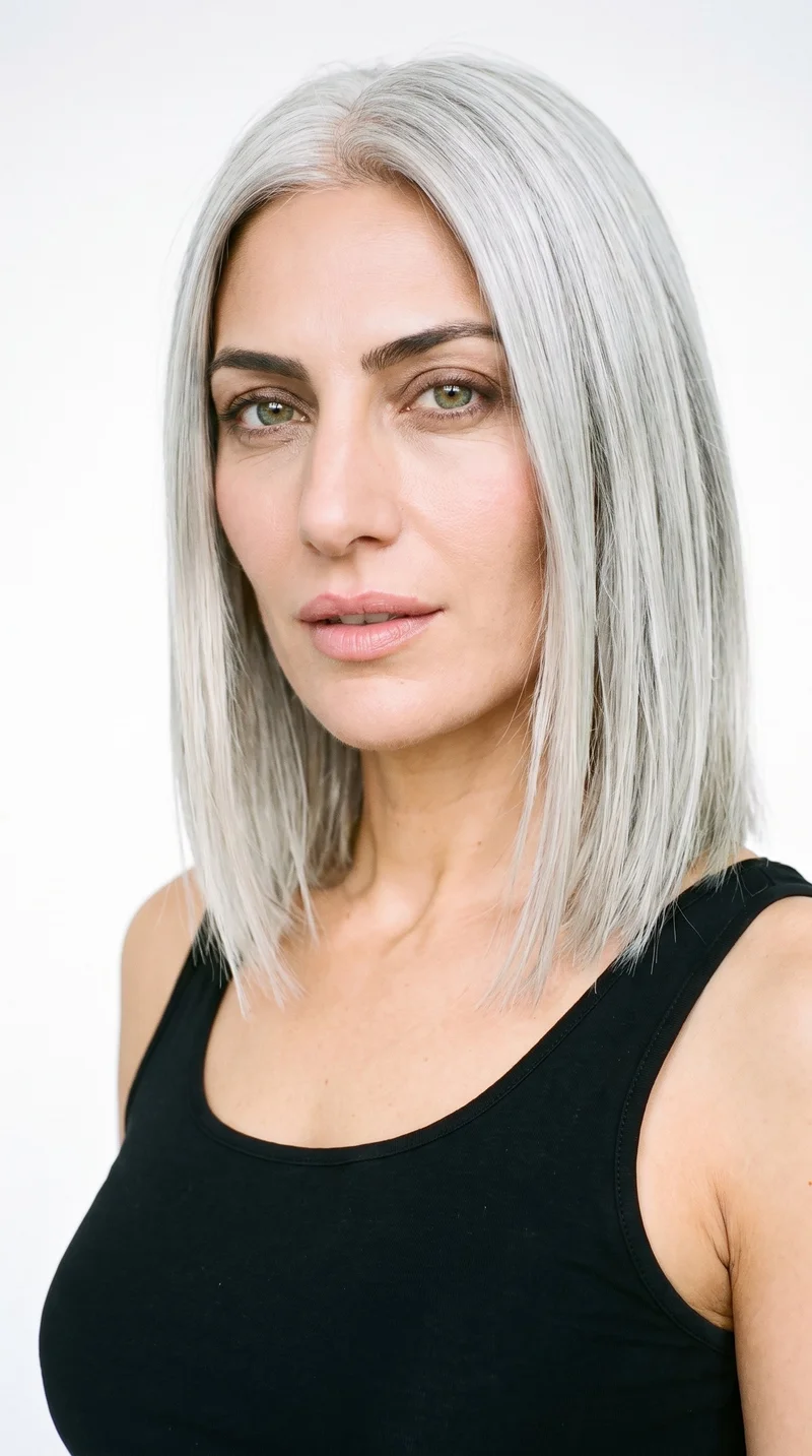 A 42-year-old Arab woman with medium olive skin and a greenish-golden undertone. Her face is square, with a strong defined jaw, broad forehead, and angular, structured features. She has thick eyebrows, green eyes, and medium lips. Her silver-grey hair has a cool shine and is styled in a long bob falling between the chin and shoulders.