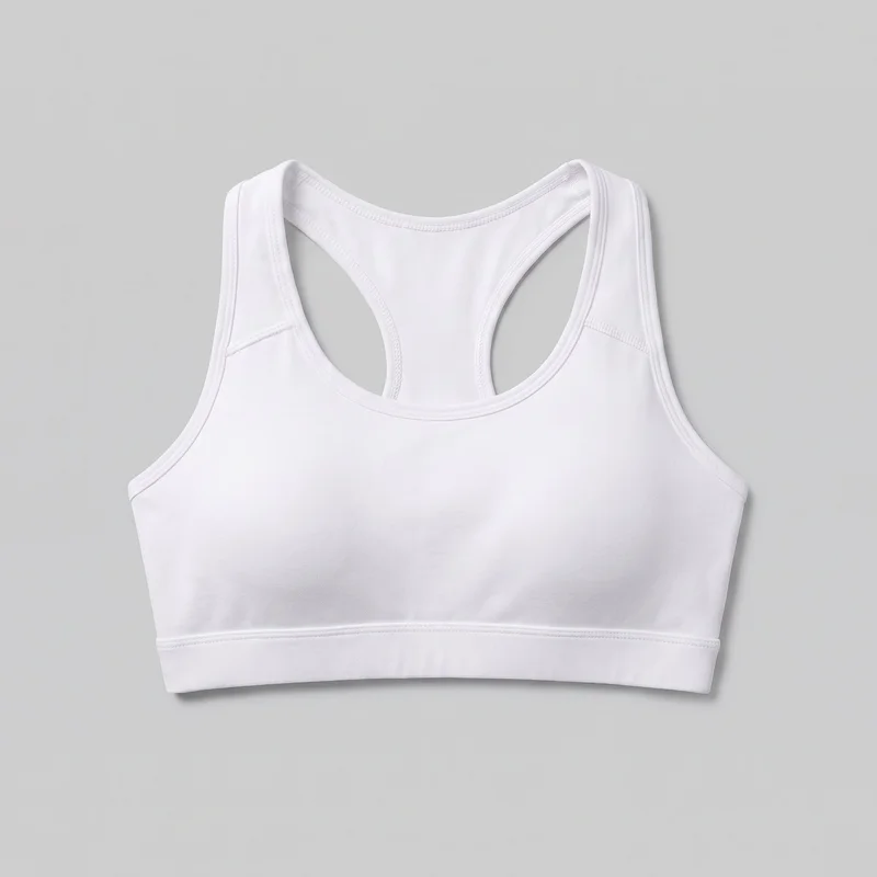 A white padded women's racerback sports bra is shown as a standalone flat product view. The cropped, body-hugging design has a scoop front neckline, sleeveless cut, wide shoulder straps, curved racerback cutouts, visible edge stitching, a horizontal underbust seam, and a wide straight hem band.