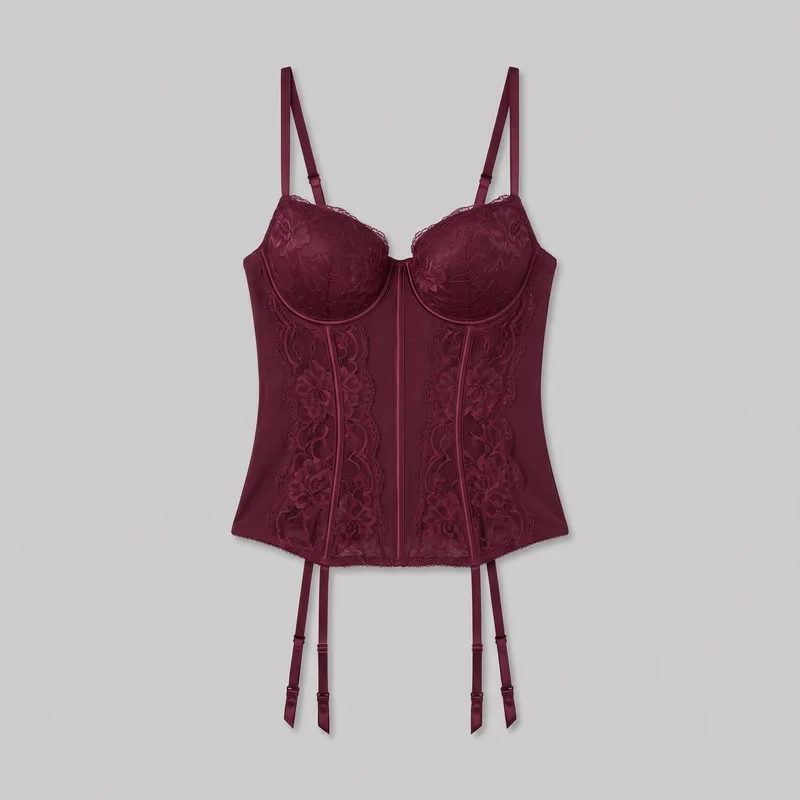 A standalone front view of a burgundy lace longline bustier on a plain backdrop. The bodycon design has contoured underwire cups, a low curved sweetheart neckline, narrow adjustable shoulder straps, scalloped lace edging, vertical front panels, multiple boning channels, a center-front seam, and a straight picot-trimmed lower hem. Adjustable garter straps with visible sliders and clip ends hang from the hem.