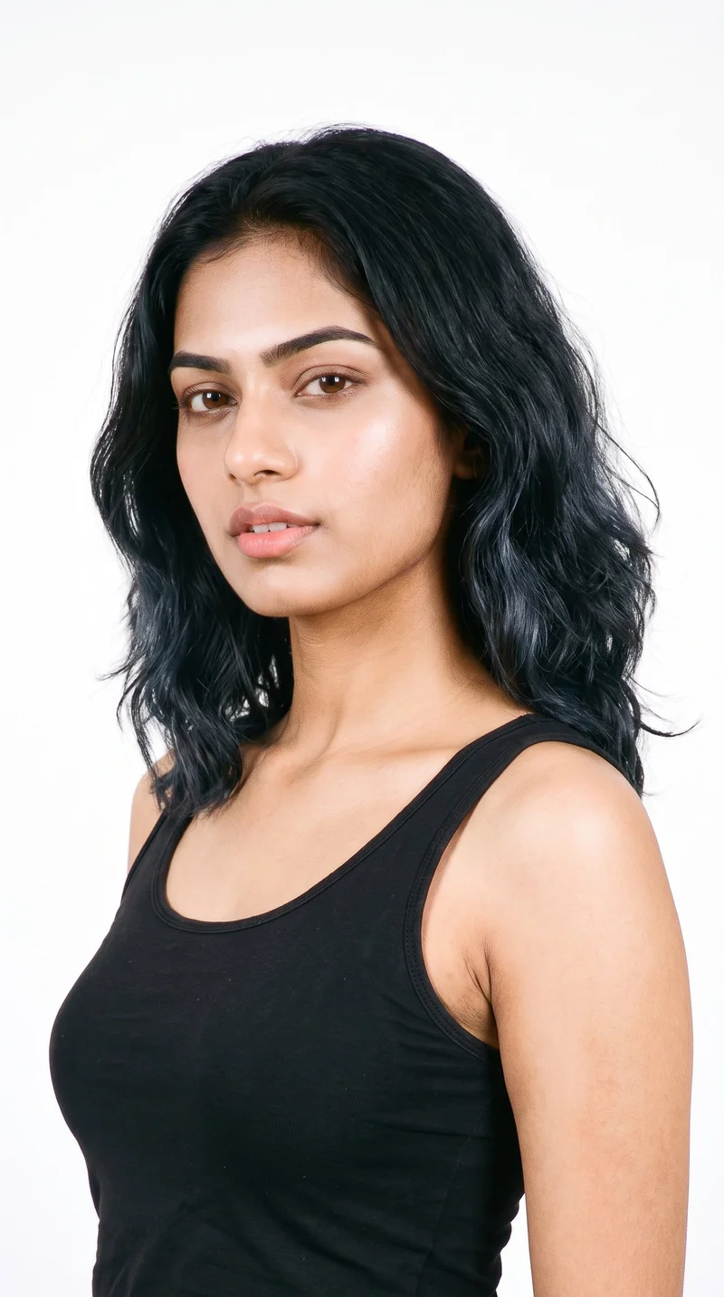 An 18-year-old Indian woman with a medium skin tone and neutral undertone. Her heart-shaped face has a wider forehead that narrows to a more pointed chin, with thick eyebrows, brown eyes, and medium-sized lips. She has soft, naturally wavy black hair.