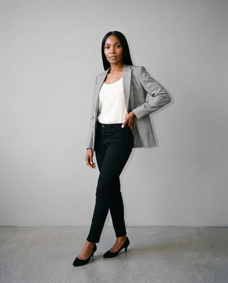 Women's Grey Checked Blazer, Full body at Three-quarter, Natural E-Commerce lighting