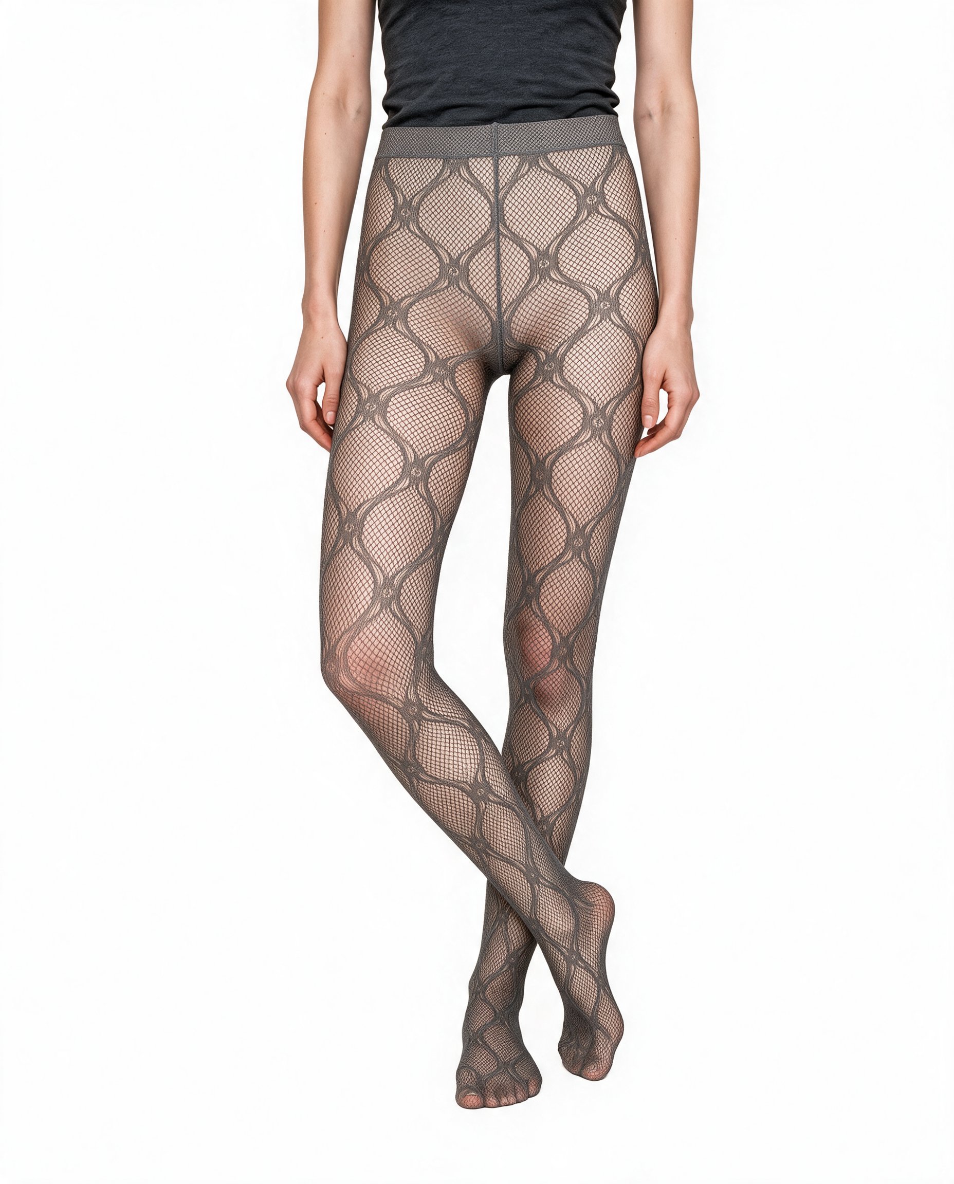 Patterned fishnet tights shown on a woman's lower body in a front view, with her ankles crossed. The tights are presented against a pure white backdrop.