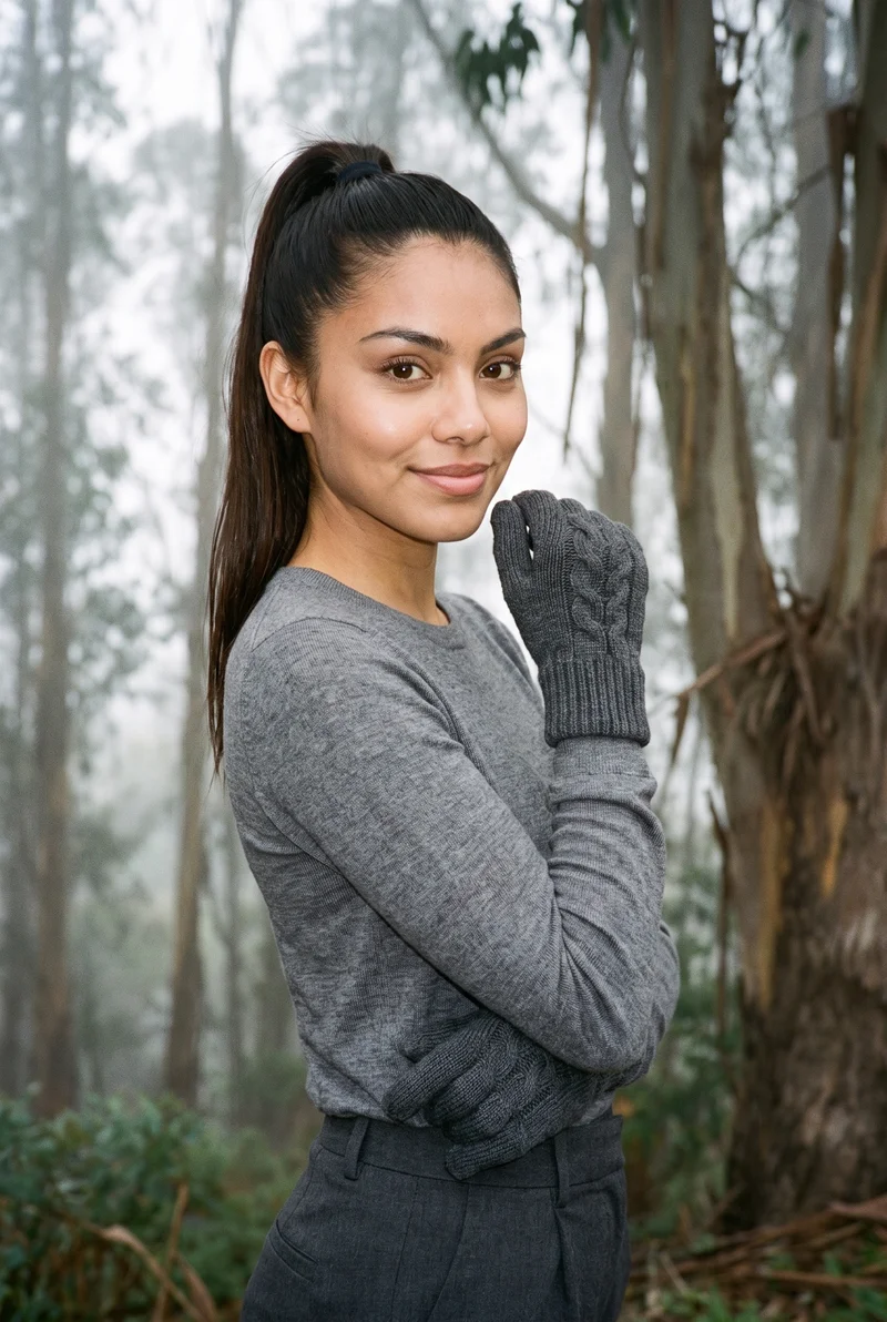 Women's Grey Knit Gloves, Upper body at Three-quarter, Clean Catalog lighting