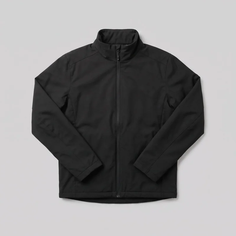 A mostly complete front view of a men's black ski jacket laid flat against a backdrop. The jacket has a tall stand collar, a full-length center-front zipper with a small pull, long sleeves, diagonal shoulder yoke seams, vertical front panel seams, side panel shaping seams, sleeve panel seams, cuff seam bands, and a stitched hem band. Its straight front hem has a slightly lower curved back hem visible below it, and no logos, prints, patches, embroidery, or embellishments are visible.