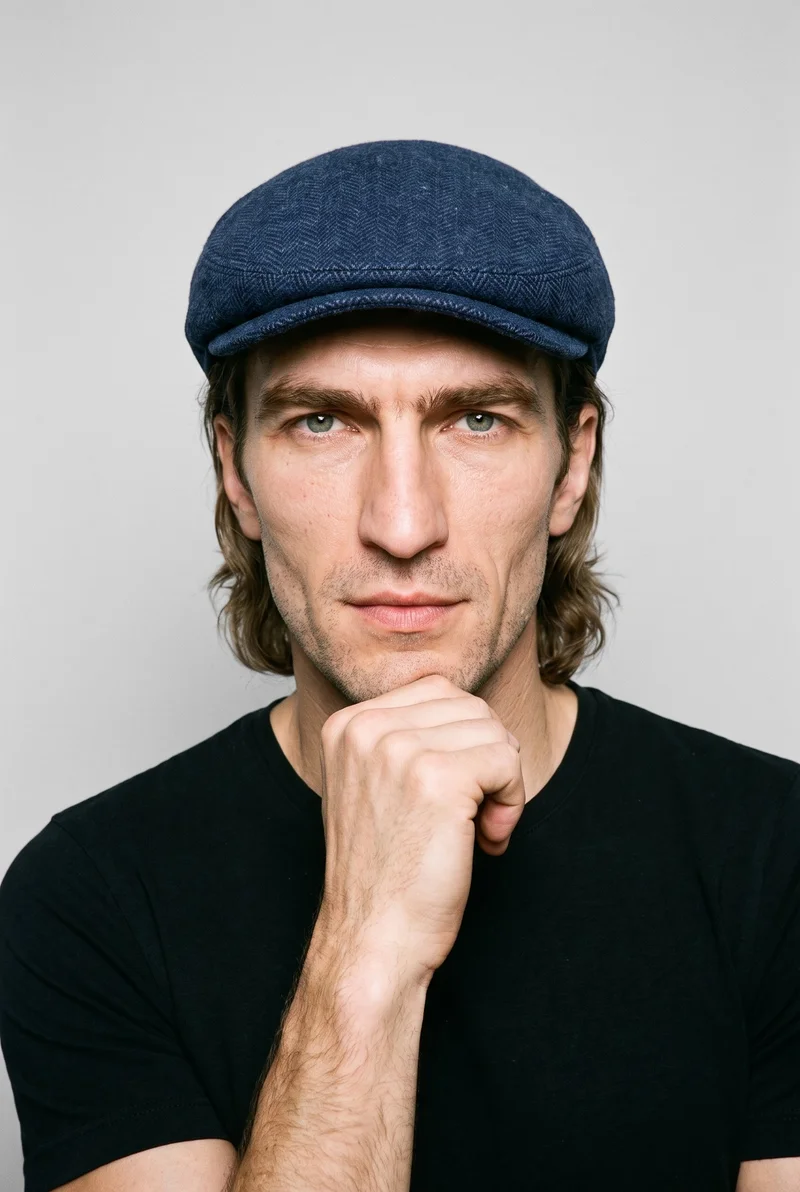 A 39-year-old Slavic man is shown in a front-facing bust view wearing a navy herringbone flat cap. His wrist is held at his jaw, and a pearl grey studio-wall backdrop frames the composition.
