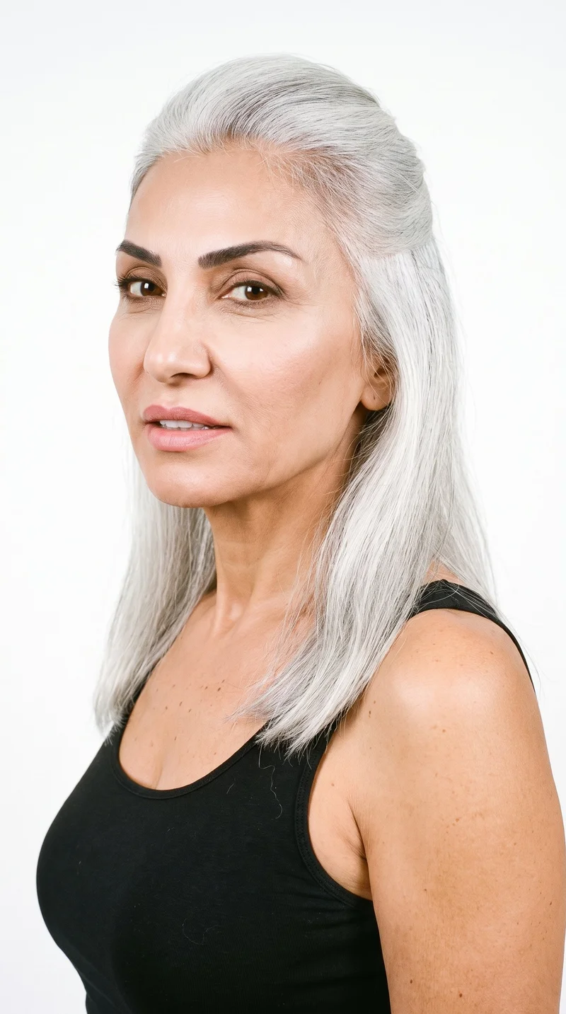 A 58-year-old Turkish woman with medium skin and an olive-green undertone has a refined, elongated face with high cheekbones. Her medium-thickness eyebrows frame brown eyes, and she has medium-sized lips. Her silver-grey hair has a cool shine, with the upper section pulled back and the lower lengths hanging loose.