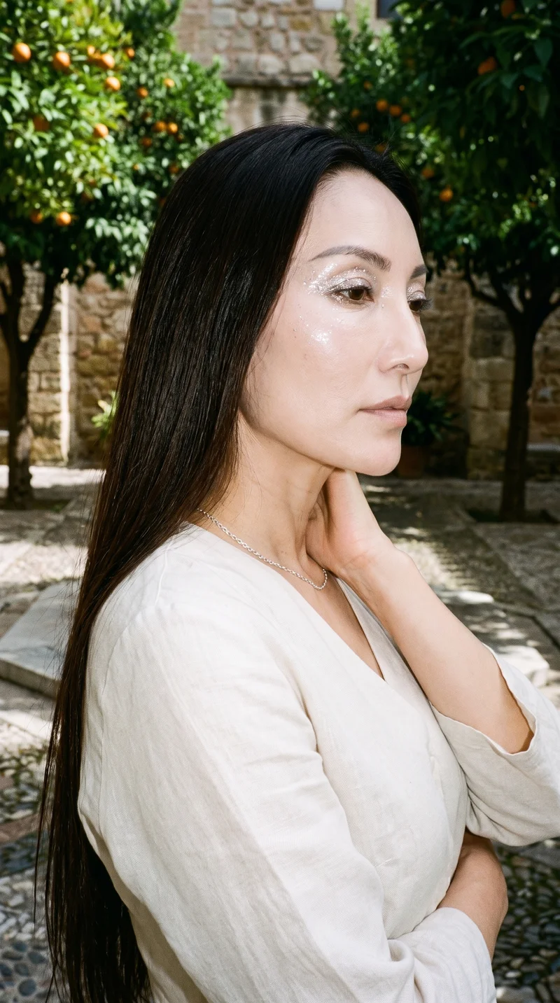 A 49-year-old Chinese woman is shown from the upper body in side view with one hand resting on her neck, wearing a women's silver chain necklace. Her natural expression is visible against a Seville Courtyard backdrop.