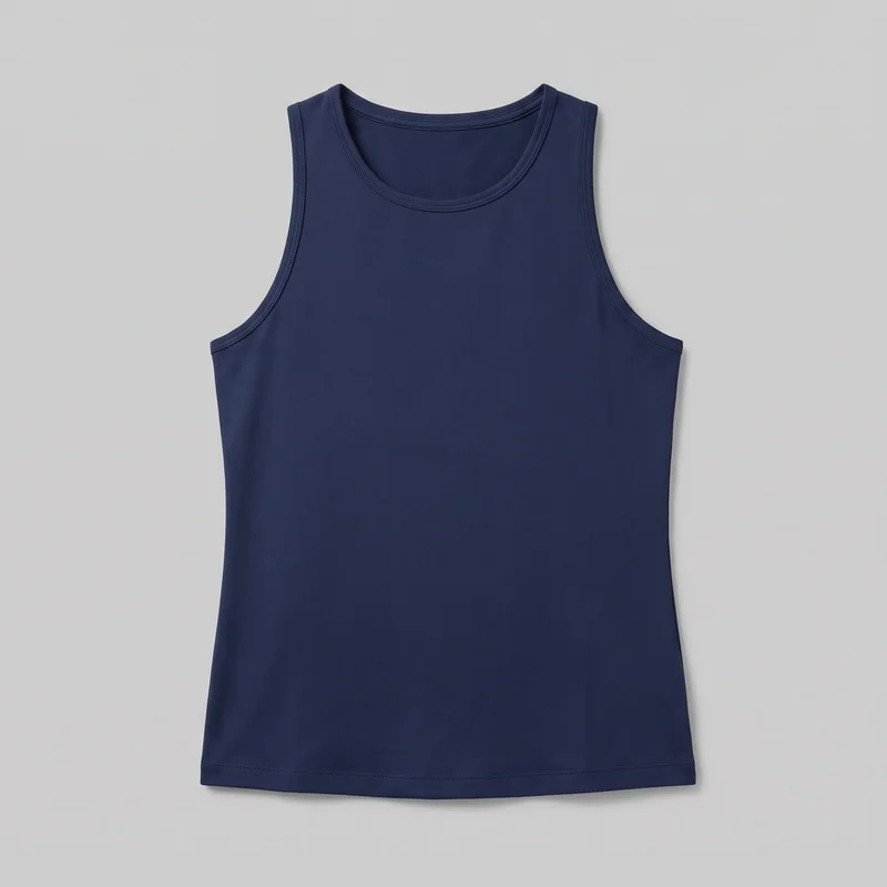 A complete flat front view of a women's navy sleeveless training tank top. The top has a slim, gently shaped cut that narrows through the waist, a scoop neckline, wide shoulder straps, low curved armholes, a smooth front, and a straight full lower hem. Narrow bound edges and visible stitching finish the neckline, armholes, and hem; no closures, pockets, logos, prints, patches, embroidery, or embellishments are visible.