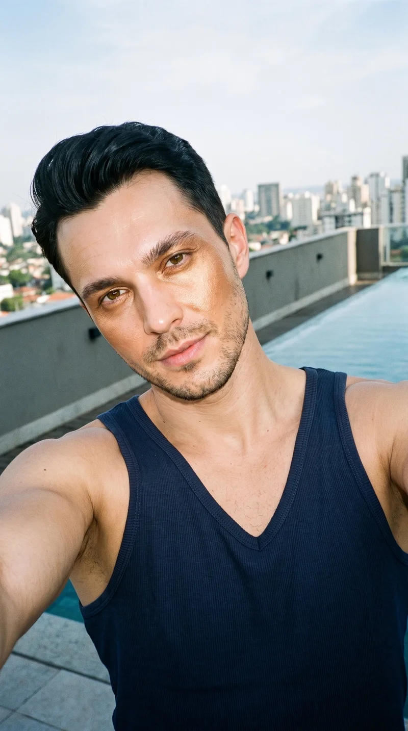 A 32-year-old Caucasian man wears a navy ribbed vest in a front-facing selfie. His head is tilted and he has a confident expression, with a rooftop infinity pool backdrop.