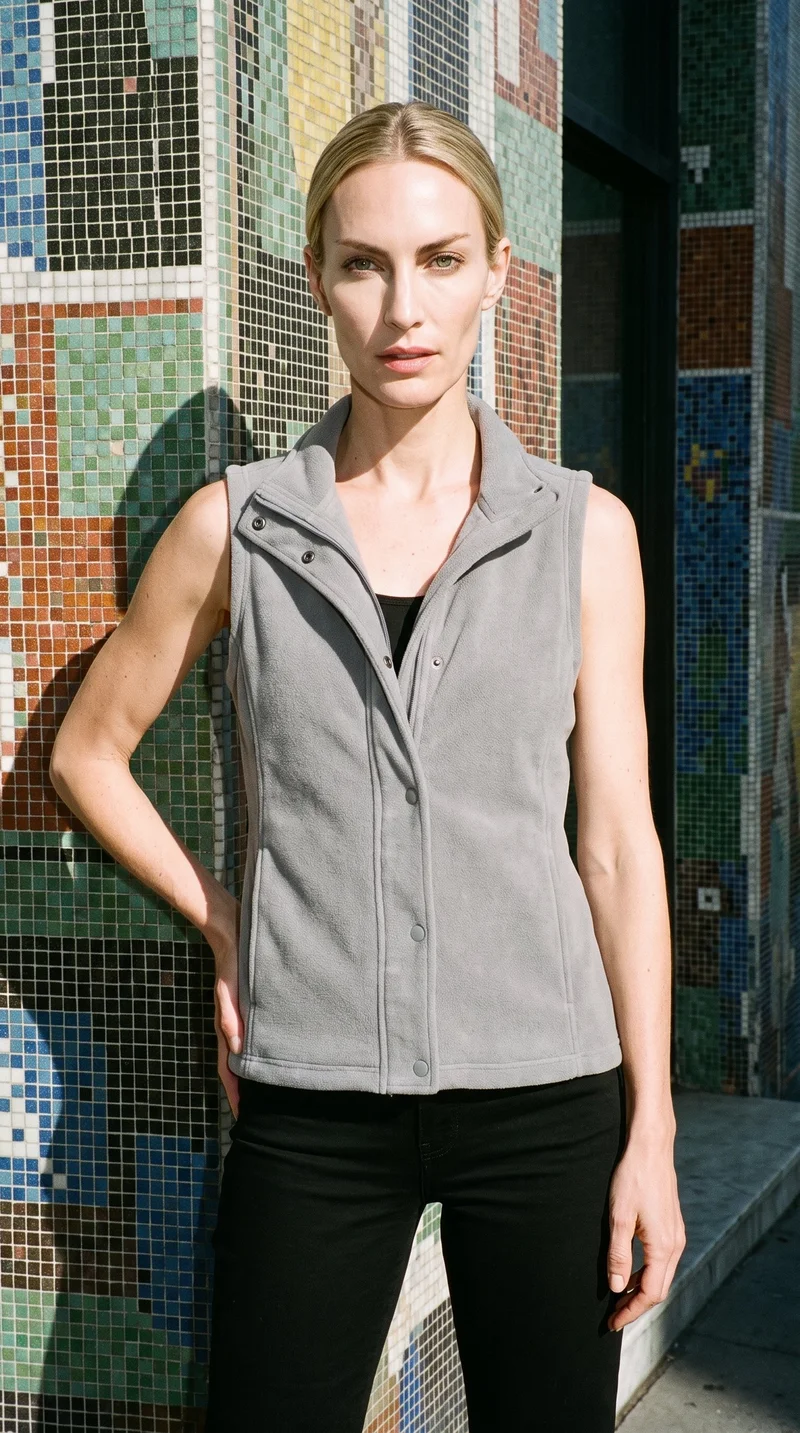 A 33-year-old Caucasian woman wears a grey fleece gilet in a three-quarter-length front view, standing with one hand on her hip and a sultry expression. A Barcelona Modernist building forms the backdrop.