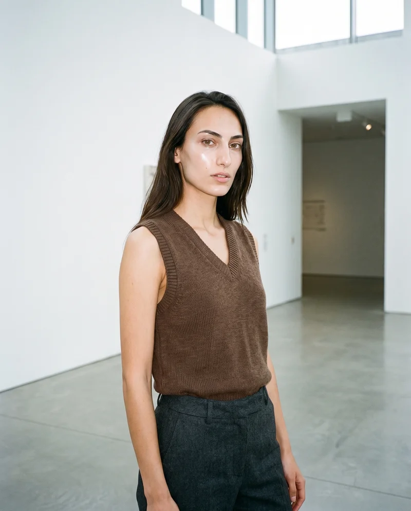 Women's Brown Wool Sweater Vest, Three-quarter length at Front, Clean Catalog lighting