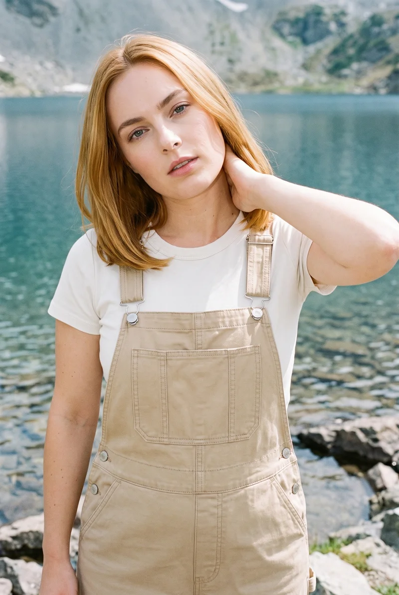 A 25-year-old Caucasian woman is shown from the upper body in a front view wearing women's khaki utility dungarees. One hand rests on her neck, and she has a neutral expression. An alpine lake shore forms the backdrop.