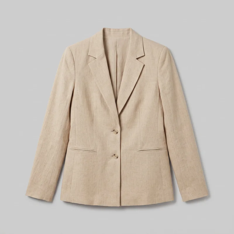 A mostly complete front view of a women's beige linen blazer shown flat against a plain background. The tailored blazer has a structured regular silhouette, defined shoulders, a notched lapel collar with an open V front, long set-in sleeves, a two-button closure, two horizontal welt pockets, visible front panel and shaping seams, and a straight hip-length hem.