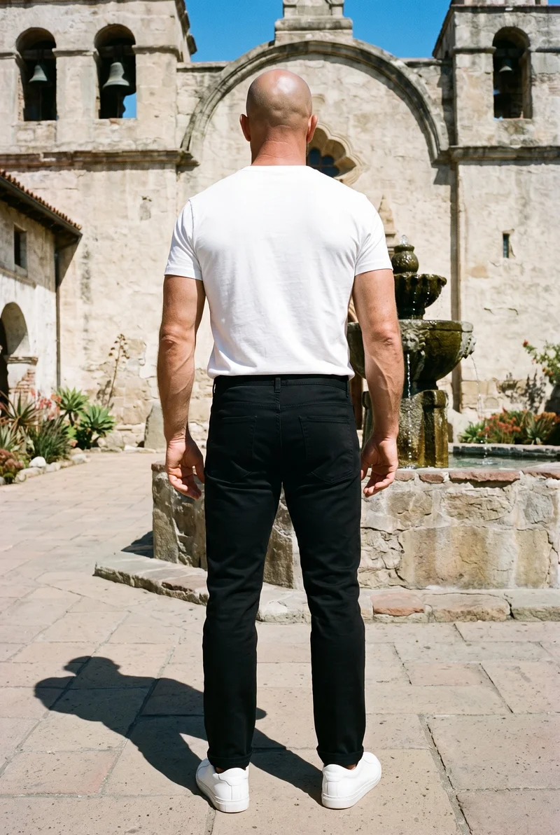 A 44-year-old Caucasian man stands straight in a full-body rear view, wearing black chinos. The Mission Courtyard Bell Fountain serves as the backdrop.