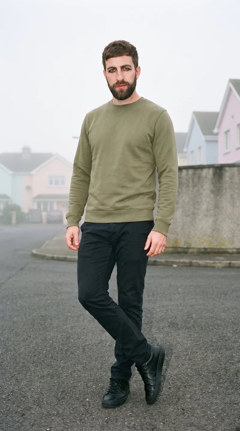 A 36-year-old Caucasian man wears an olive crewneck sweatshirt in a full-body angled-front view, standing with his ankles crossed and a confident expression. Foggy houses form the backdrop.