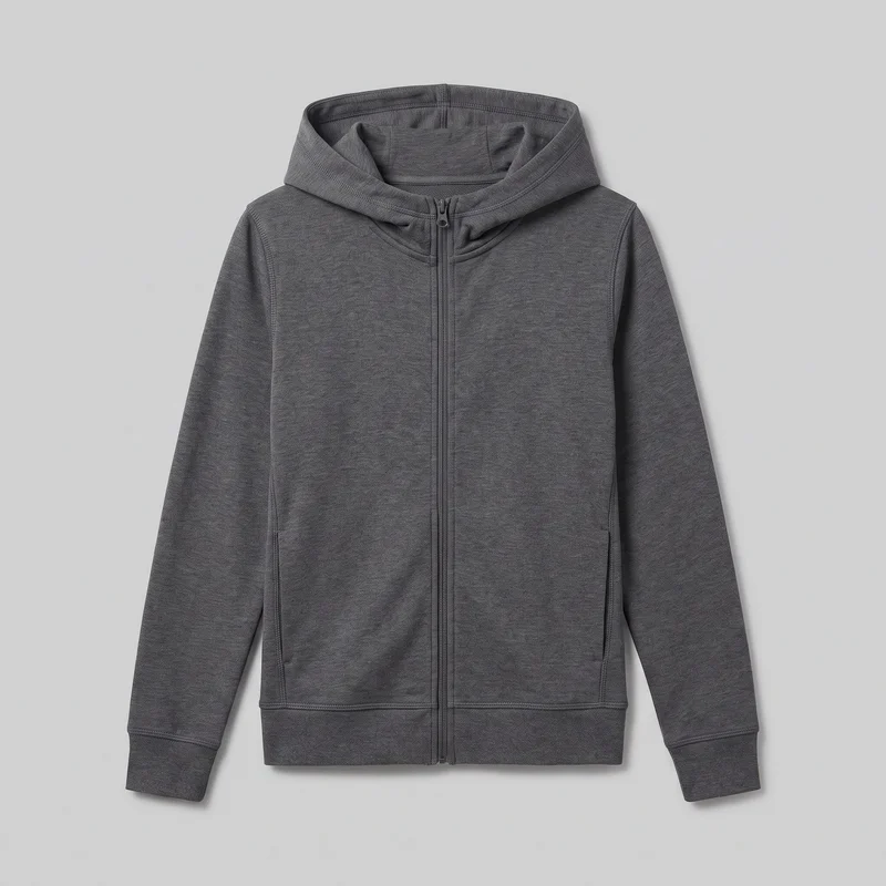 A grey zip-up hooded sweatshirt is shown laid flat in a mostly complete front view. It has a full-length center zipper, long sleeves with fitted ribbed cuffs, a ribbed straight hem band, and two lower front pocket openings along the side-front seams. The hood has a folded stitched edge and no visible drawcords.