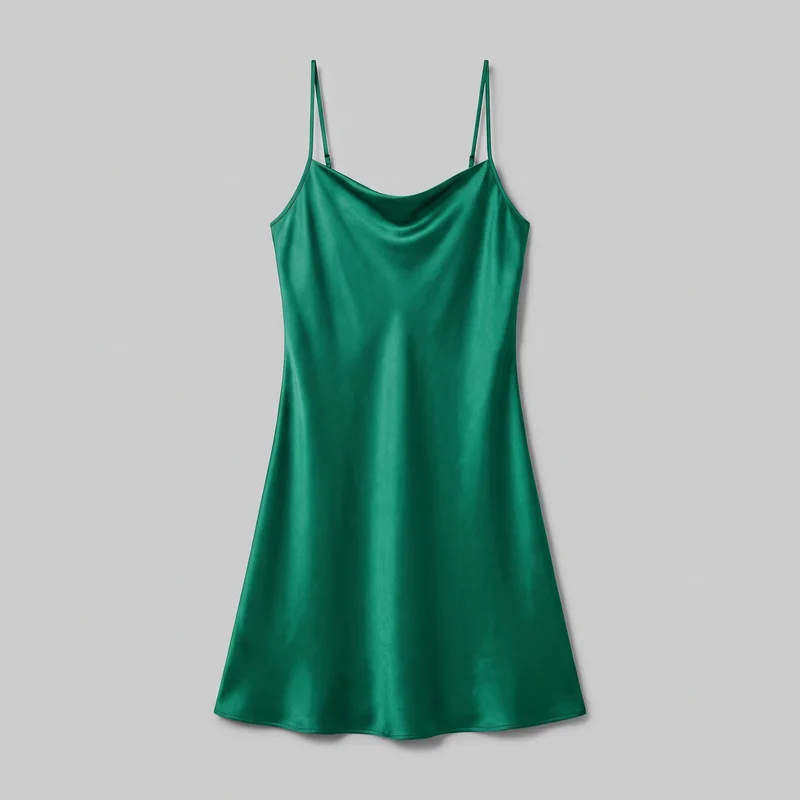 Emerald green satin slip dress shown in a standalone front view against a plain backdrop. The full garment has thin spaghetti straps with visible adjusters, a soft cowl neckline, narrow finished edges, a body-skimming upper section, and an A-line skirt that flares gently toward a short, subtly curved hem.