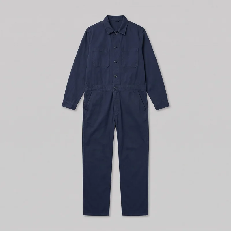 A men's navy cotton boilersuit is shown laid flat in a complete front view. It has a collared upper, long sleeves with straight cuffs, a full front button placket, two rectangular chest patch pockets, two angled hip pockets, a horizontal waist seam, and full-length straight legs with straight hems.